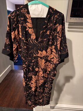Anthropologie Black and Copper Floral V-Neck Midi Dress